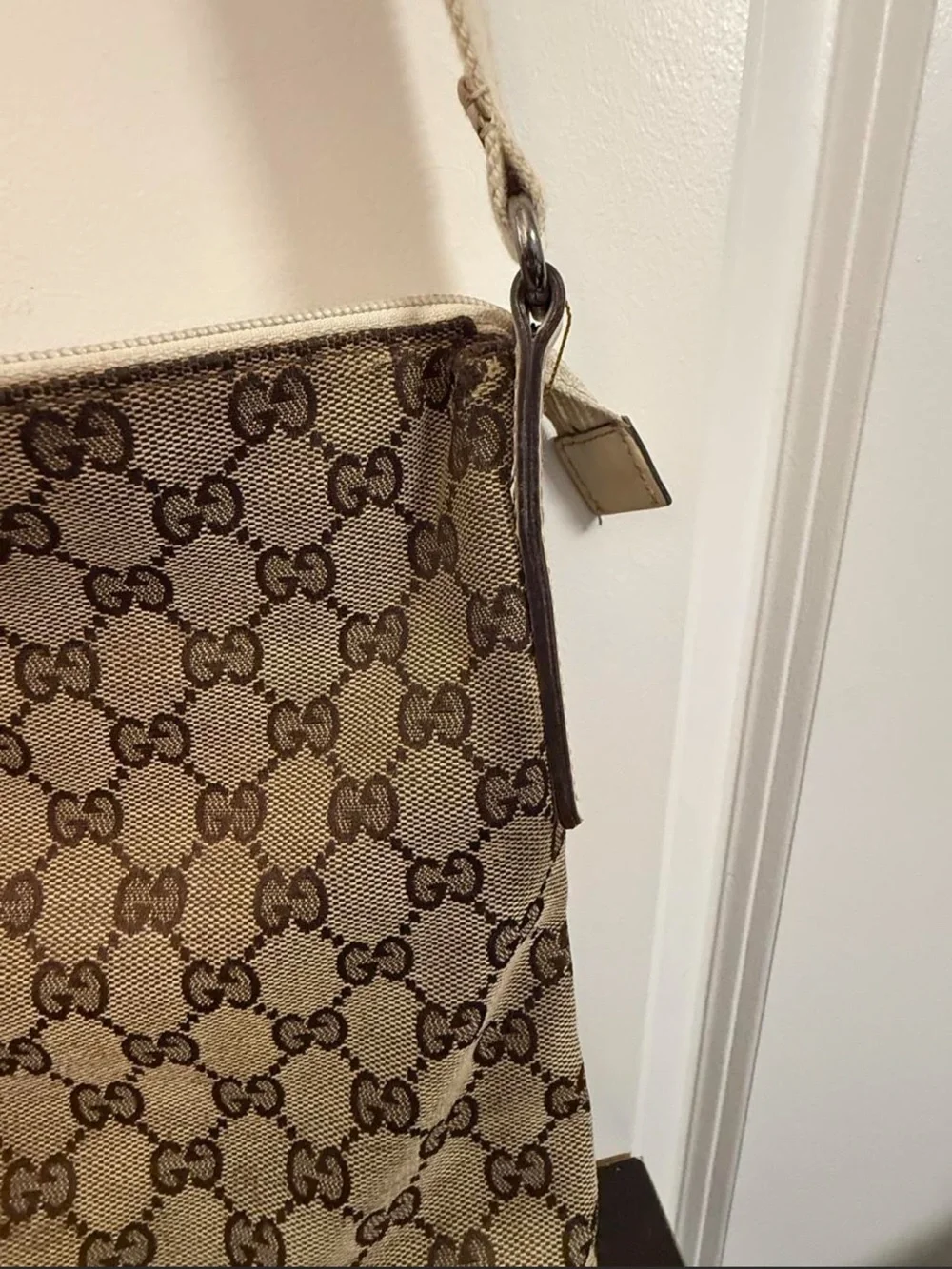 Gucci Brown/Beige Monogram Canvas Shoulder Bag with White Leather Accents